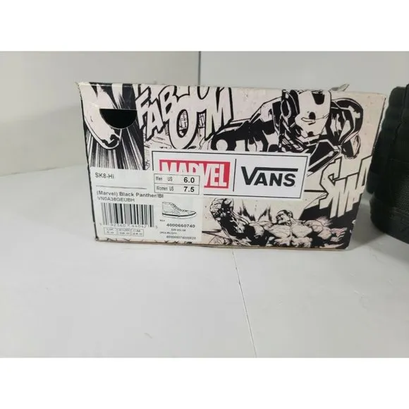 Vans x Marvel 6Y, 7.5 Women Sk8-Hi Black Panther Suede shoes Black Gold w/‎ box
