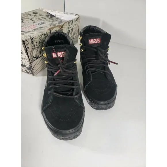 Vans x Marvel 6Y, 7.5 Women Sk8-Hi Black Panther Suede shoes Black Gold w/‎ box