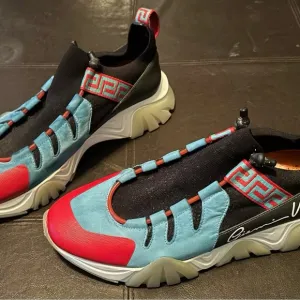 VERSACE ‘SQUALO KNIT TRAINER’ in Light Blue/ Red Men’s sneakers, size 47 or 13