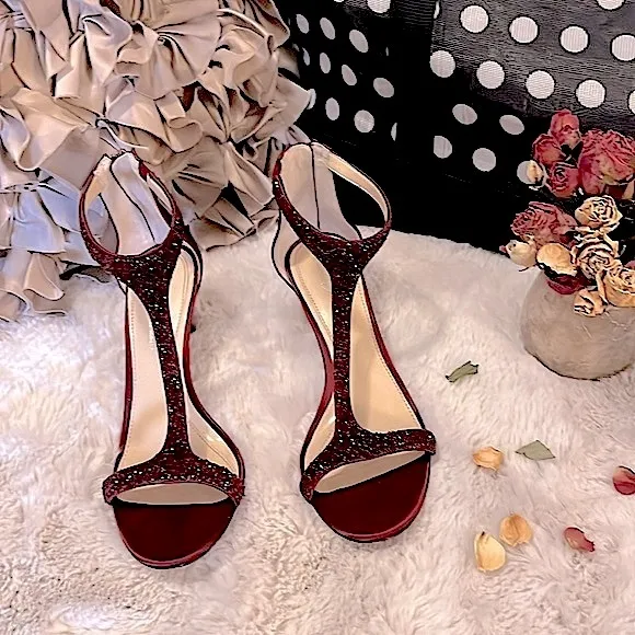 Vince Camuto Imagine Ox Blood Burgundy Phoebe Sparkle Stiletto T-Strap Shoes 8