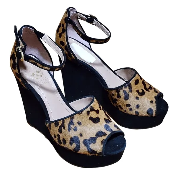 Vince Camuto Leopard Print Black Wedge Heels Size 6.5B Open Toes