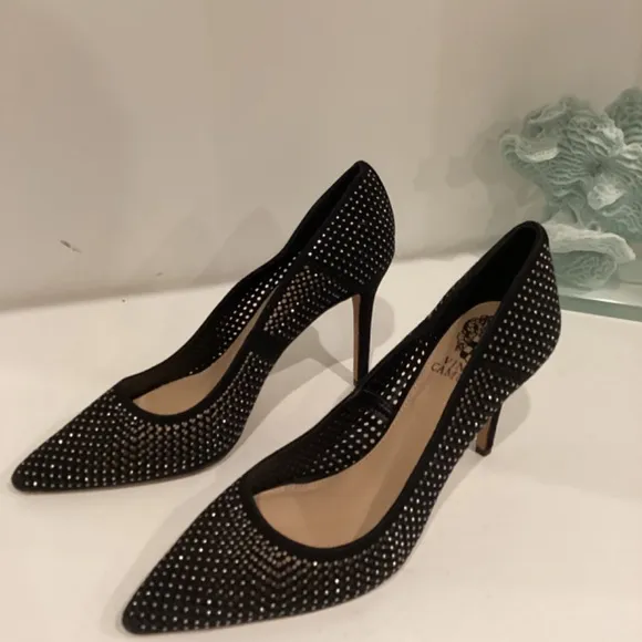 Vince Camuto Sarritah Heels Stiletos Black Suede Embellish Shoes 8.5M 39 NEW