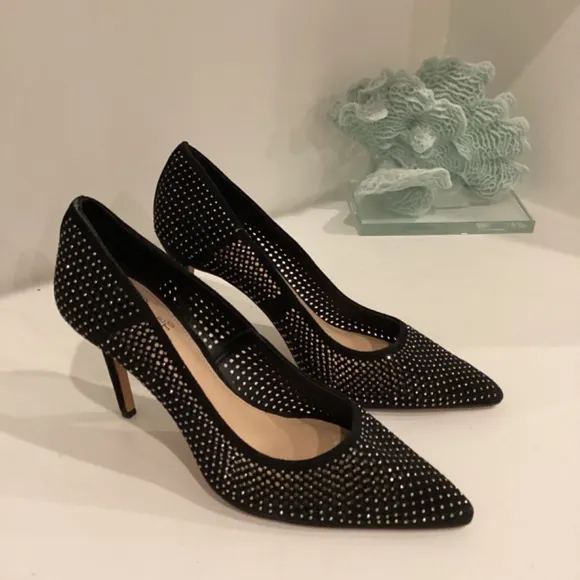 Vince Camuto Sarritah Heels Stiletos Black Suede Embellish Shoes 8.5M 39 NEW