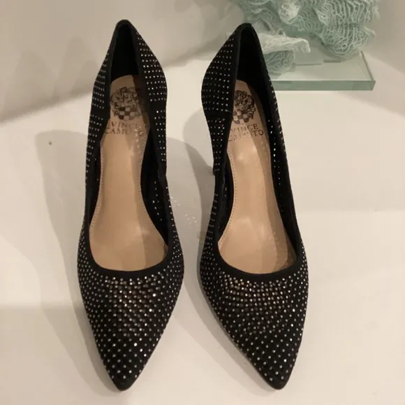 Vince Camuto Sarritah Heels Stiletos Black Suede Embellish Shoes 8.5M 39 NEW