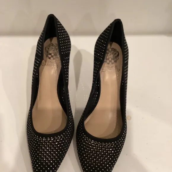Vince Camuto Sarritah Heels Stiletos Black Suede Embellish Shoes 8.5M 39 NEW
