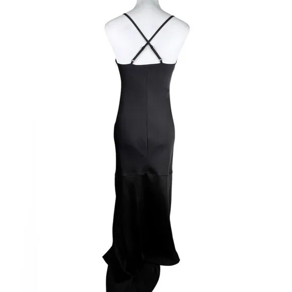 Vince Camuto Silky Satin Black V-Neck Maxi Slip Dress Front Slit Size 4
