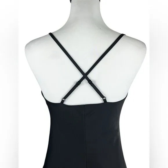 Vince Camuto Silky Satin Black V-Neck Maxi Slip Dress Front Slit Size 4
