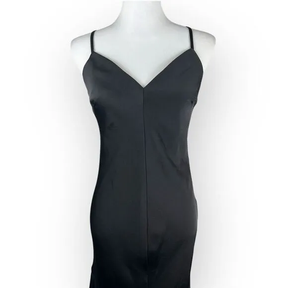 Vince Camuto Silky Satin Black V-Neck Maxi Slip Dress Front Slit Size 4