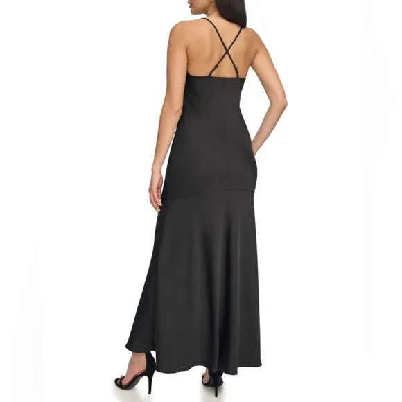 Vince Camuto Silky Satin Black V-Neck Maxi Slip Dress Front Slit Size 4