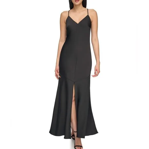 Vince Camuto Silky Satin Black V-Neck Maxi Slip Dress Front Slit Size 4