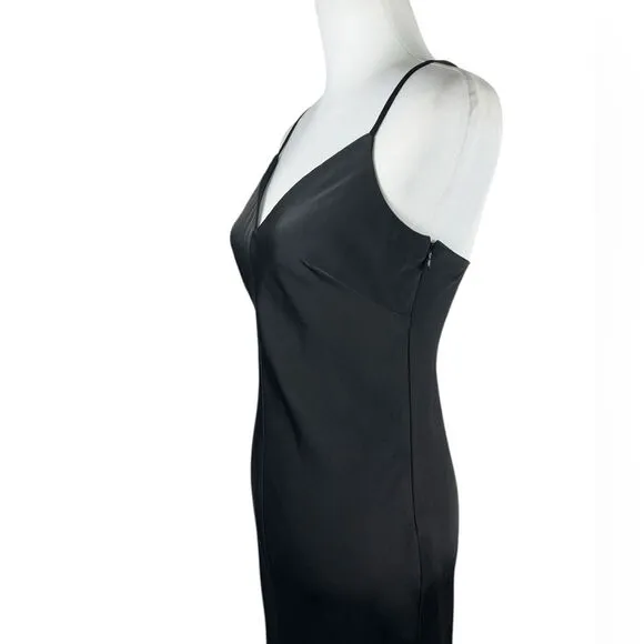 Vince Camuto Silky Satin Black V-Neck Maxi Slip Dress Front Slit Size 4