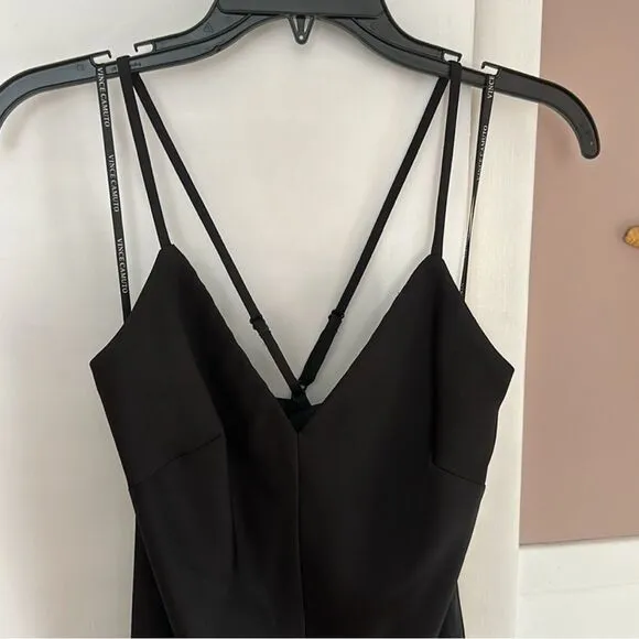 Vince Camuto Silky Satin Black V-Neck Maxi Slip Dress Front Slit Size 4
