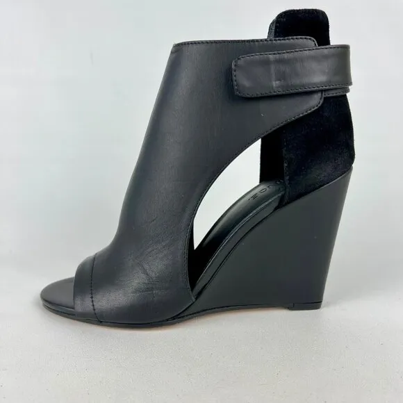 Vince Womens Kara Open Toe Wedge Sandal Black Leather Side Cutouts size 7