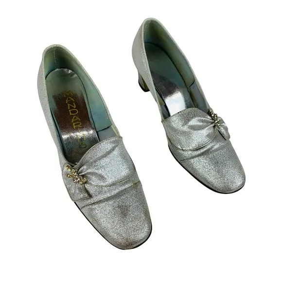 Vintage 1960s Silver Metallic Rhinestone Chunky Heels Mandarins Cocktail Party S