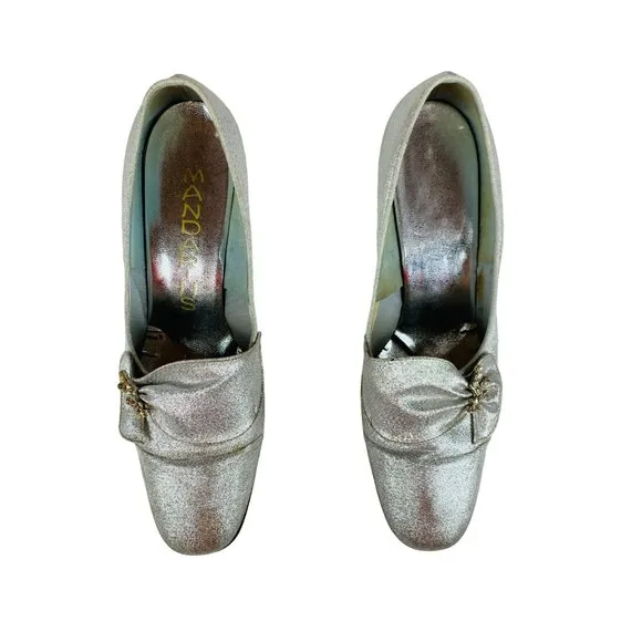 Vintage 1960s Silver Metallic Rhinestone Chunky Heels Mandarins Cocktail Party S