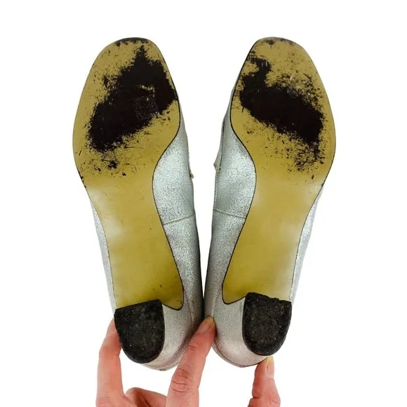 Vintage 1960s Silver Metallic Rhinestone Chunky Heels Mandarins Cocktail Party S