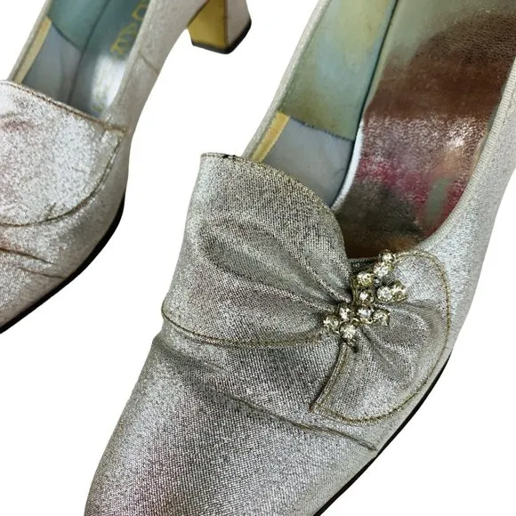 Vintage 1960s Silver Metallic Rhinestone Chunky Heels Mandarins Cocktail Party S