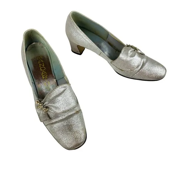 Vintage 1960s Silver Metallic Rhinestone Chunky Heels Mandarins Cocktail Party S