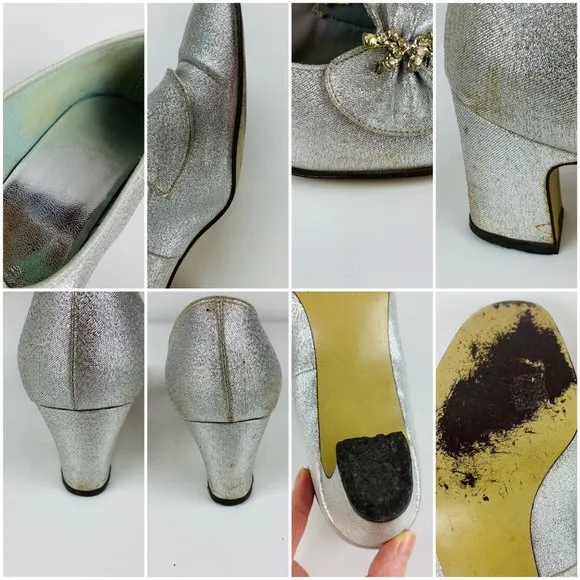 Vintage 1960s Silver Metallic Rhinestone Chunky Heels Mandarins Cocktail Party S
