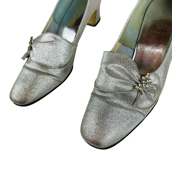Vintage 1960s Silver Metallic Rhinestone Chunky Heels Mandarins Cocktail Party S