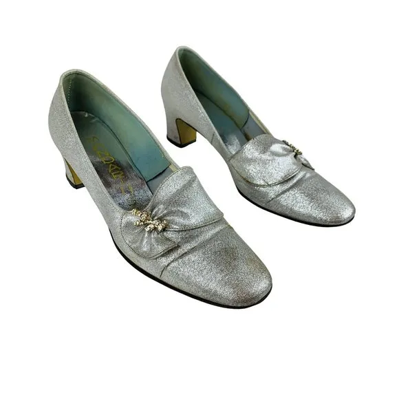 Vintage 1960s Silver Metallic Rhinestone Chunky Heels Mandarins Cocktail Party S