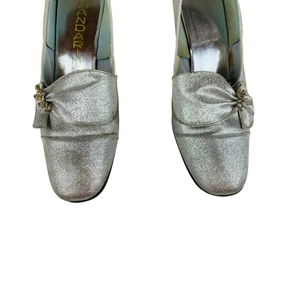 Vintage 1960s Silver Metallic Rhinestone Chunky Heels Mandarins Cocktail Party S