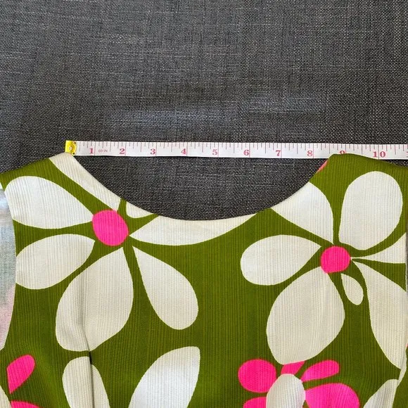Vintage 60's Shift - Malia Green Floral Midi Hawaiian Barkcloth - One of a Kind