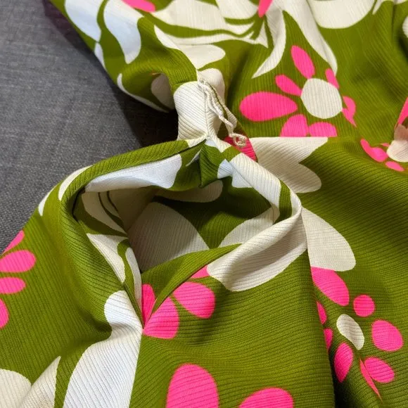 Vintage 60's Shift - Malia Green Floral Midi Hawaiian Barkcloth - One of a Kind