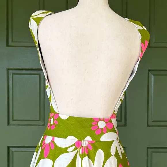 Vintage 60's Shift - Malia Green Floral Midi Hawaiian Barkcloth - One of a Kind