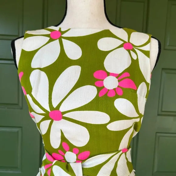 Vintage 60's Shift - Malia Green Floral Midi Hawaiian Barkcloth - One of a Kind