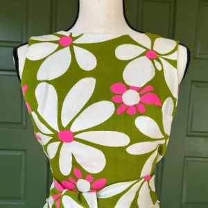 Vintage 60's Shift - Malia Green Floral Midi Hawaiian Barkcloth - One of a Kind