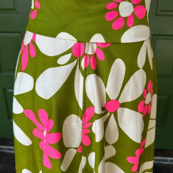Vintage 60's Shift - Malia Green Floral Midi Hawaiian Barkcloth - One of a Kind