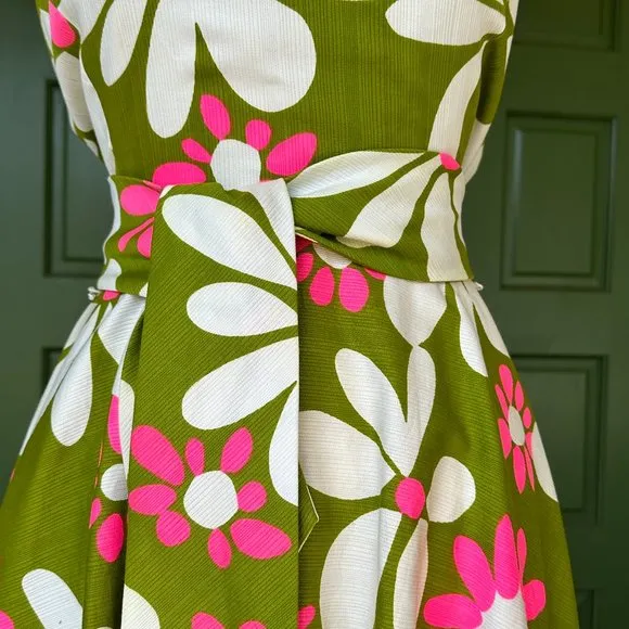 Vintage 60's Shift - Malia Green Floral Midi Hawaiian Barkcloth - One of a Kind