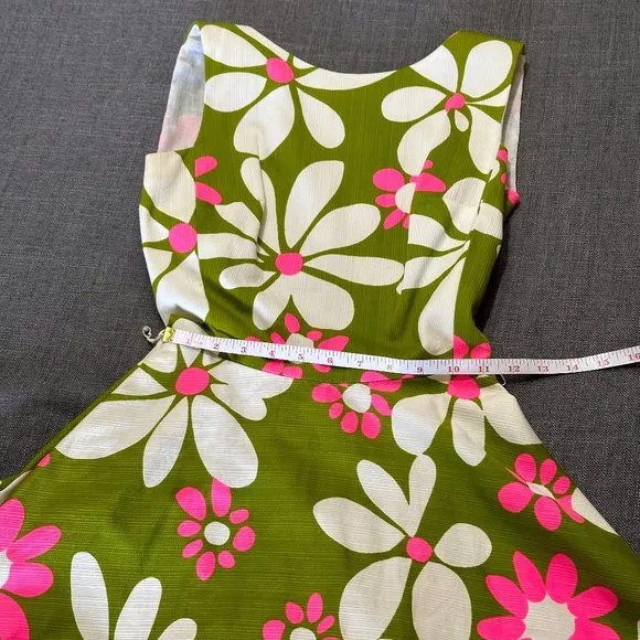 Vintage 60's Shift - Malia Green Floral Midi Hawaiian Barkcloth - One of a Kind