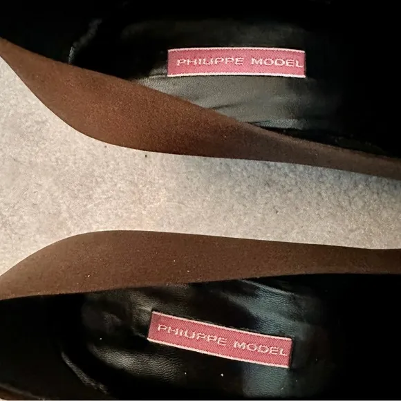 VINTAGE 90s PHILIPPE MODEL BROWN SILK SATIN BLOCK HEEL PUMPS HORSEHAIR SPRAY 38