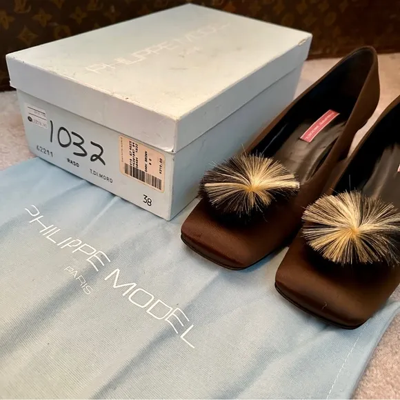 VINTAGE 90s PHILIPPE MODEL BROWN SILK SATIN BLOCK HEEL PUMPS HORSEHAIR SPRAY 38