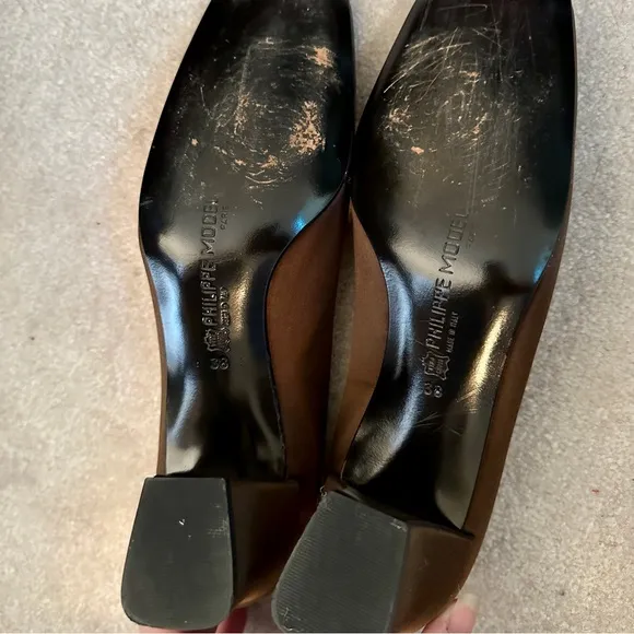 VINTAGE 90s PHILIPPE MODEL BROWN SILK SATIN BLOCK HEEL PUMPS HORSEHAIR SPRAY 38