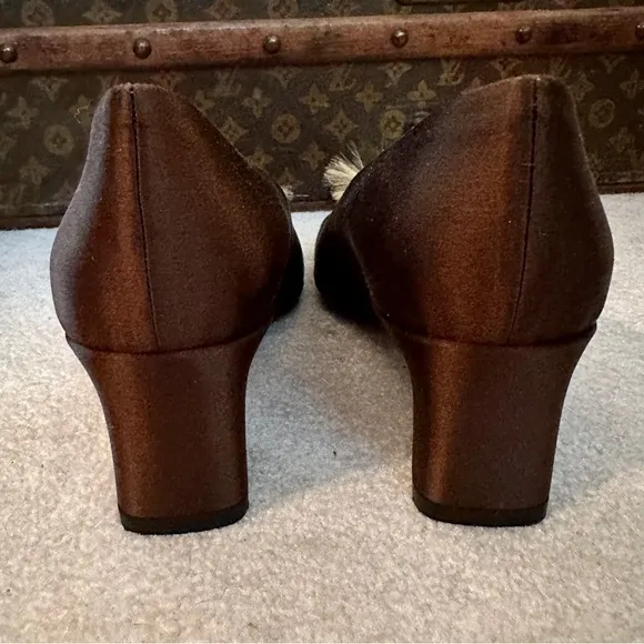 VINTAGE 90s PHILIPPE MODEL BROWN SILK SATIN BLOCK HEEL PUMPS HORSEHAIR SPRAY 38