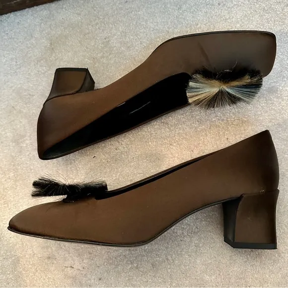VINTAGE 90s PHILIPPE MODEL BROWN SILK SATIN BLOCK HEEL PUMPS HORSEHAIR SPRAY 38