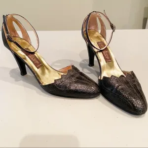 Vintage Black Leather Reptile Pumps Heels Shoes