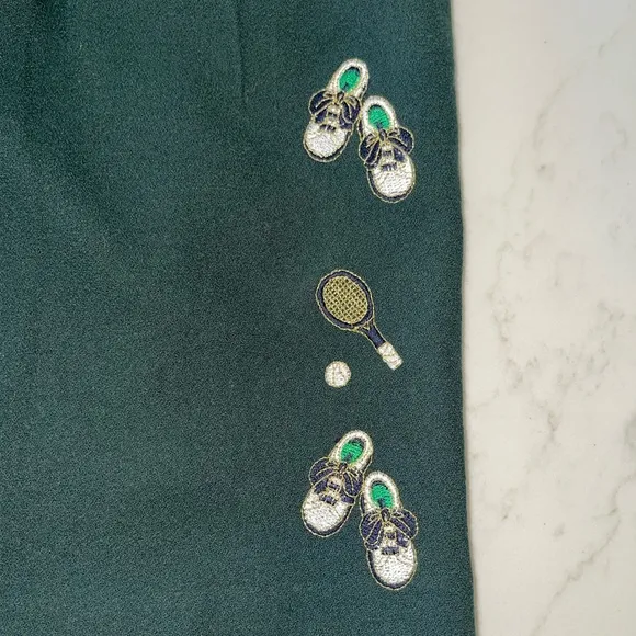 Vintage Design by Italy Embroidered Women Tennis Racket Green Lined Shorts 42