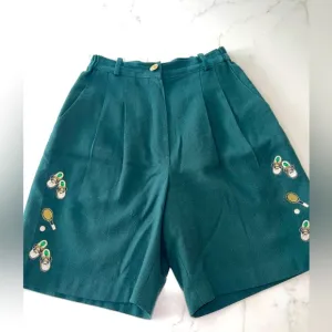 Vintage Design by Italy Embroidered Women Tennis Racket Green Lined Shorts 42