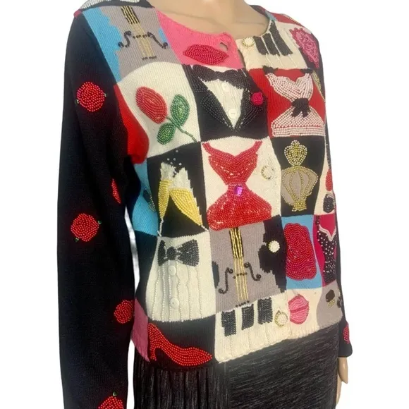 Vintage Designer Michael Simon Beaded Black Tie Celebration Cardigan Sweater