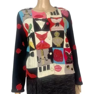 Vintage Designer Michael Simon Beaded Black Tie Celebration Cardigan Sweater
