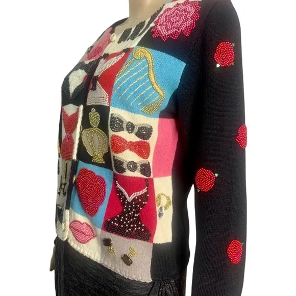 Vintage Designer Michael Simon Beaded Black Tie Celebration Cardigan Sweater