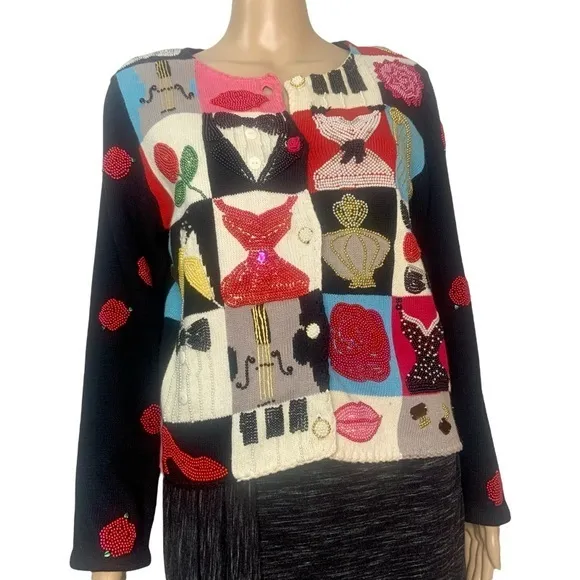 Vintage Designer Michael Simon Beaded Black Tie Celebration Cardigan Sweater