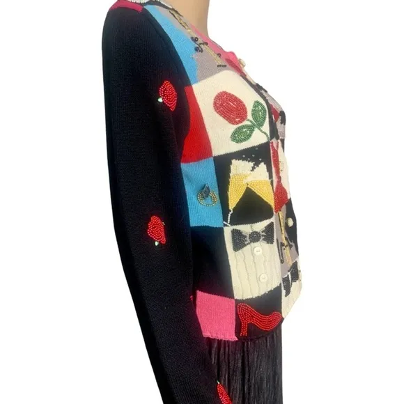 Vintage Designer Michael Simon Beaded Black Tie Celebration Cardigan Sweater