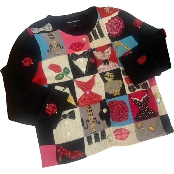 Vintage Designer Michael Simon Beaded Black Tie Celebration Cardigan Sweater