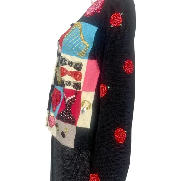 Vintage Designer Michael Simon Beaded Black Tie Celebration Cardigan Sweater