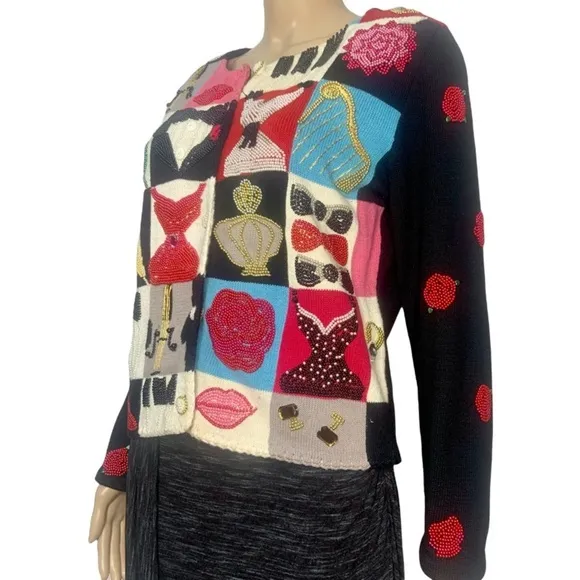 Vintage Designer Michael Simon Beaded Black Tie Celebration Cardigan Sweater